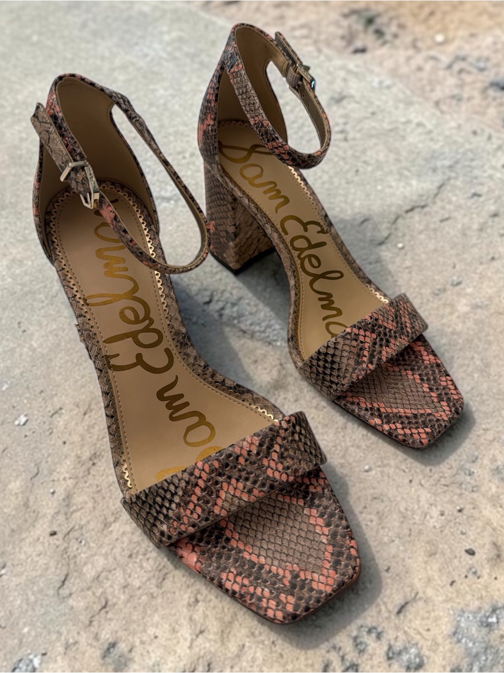 Sam Edelman Pink And Brown Snake-Print Block Heel Sandals